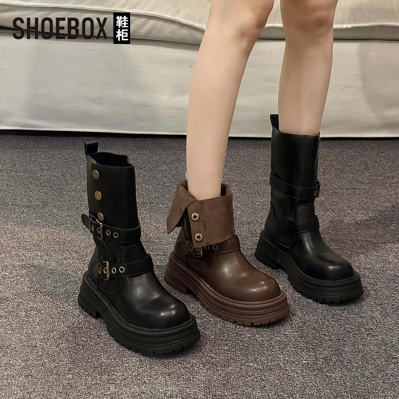 SH0EBOX鞋柜英伦风马丁靴女2025新款秋季厚底美拉德棕色短靴子