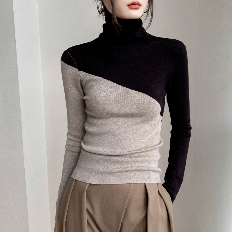 高领羊毛拼色长袖毛衣女2024秋冬新款修身设计感小众内搭针织上衣