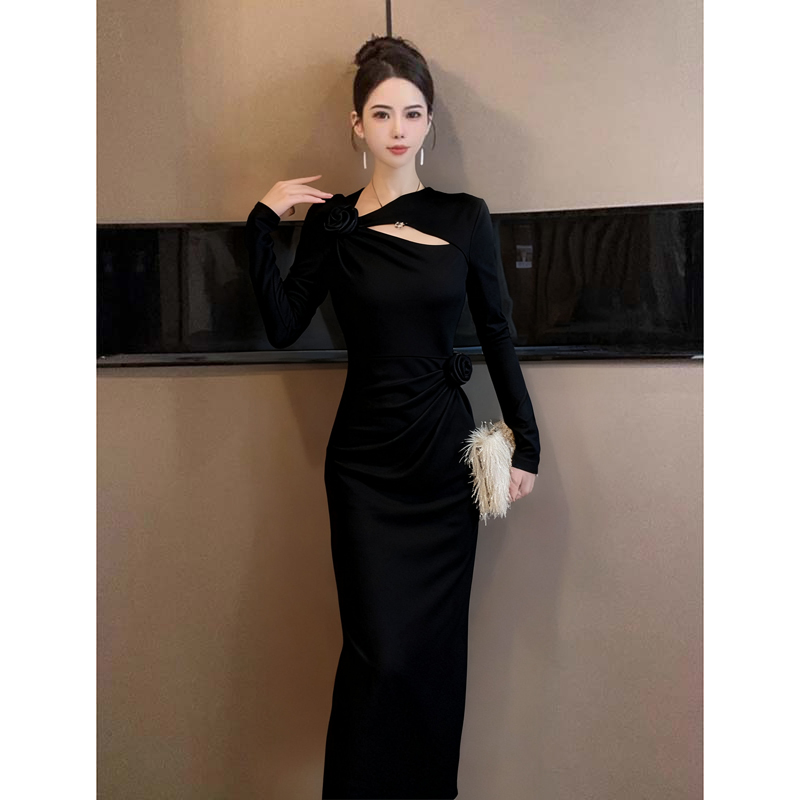 法式名媛温柔风设计感长裙女玫瑰花气质女人味秋冬季连衣裙D4030