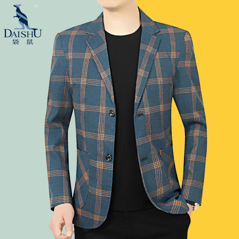 袋鼠春秋薄款商务休闲西装男士外套高档西服上衣韩版格子单子韩版