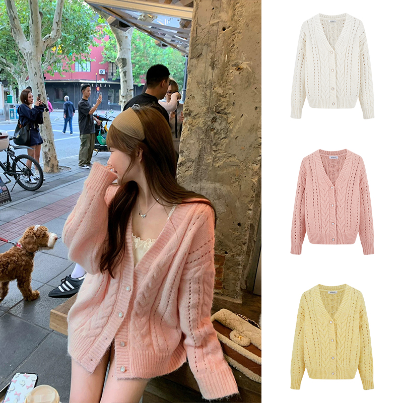 Moses Queen/魔西女王温柔风粉色毛衣外套宽松针织开衫减龄上衣