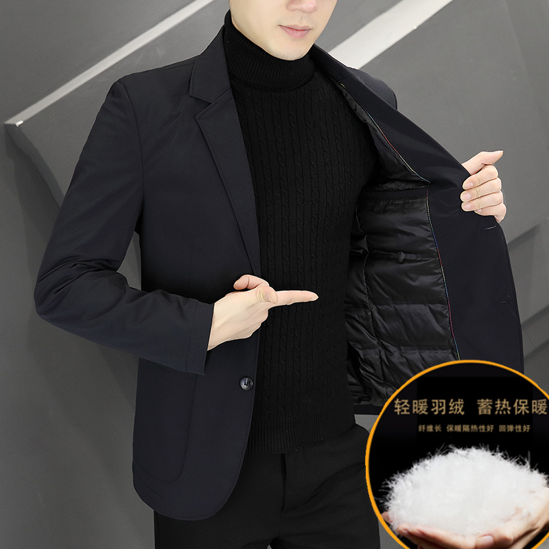 羽绒西服秋冬男士西装韩版百搭男外套加厚保暖冬季休闲商务小西装