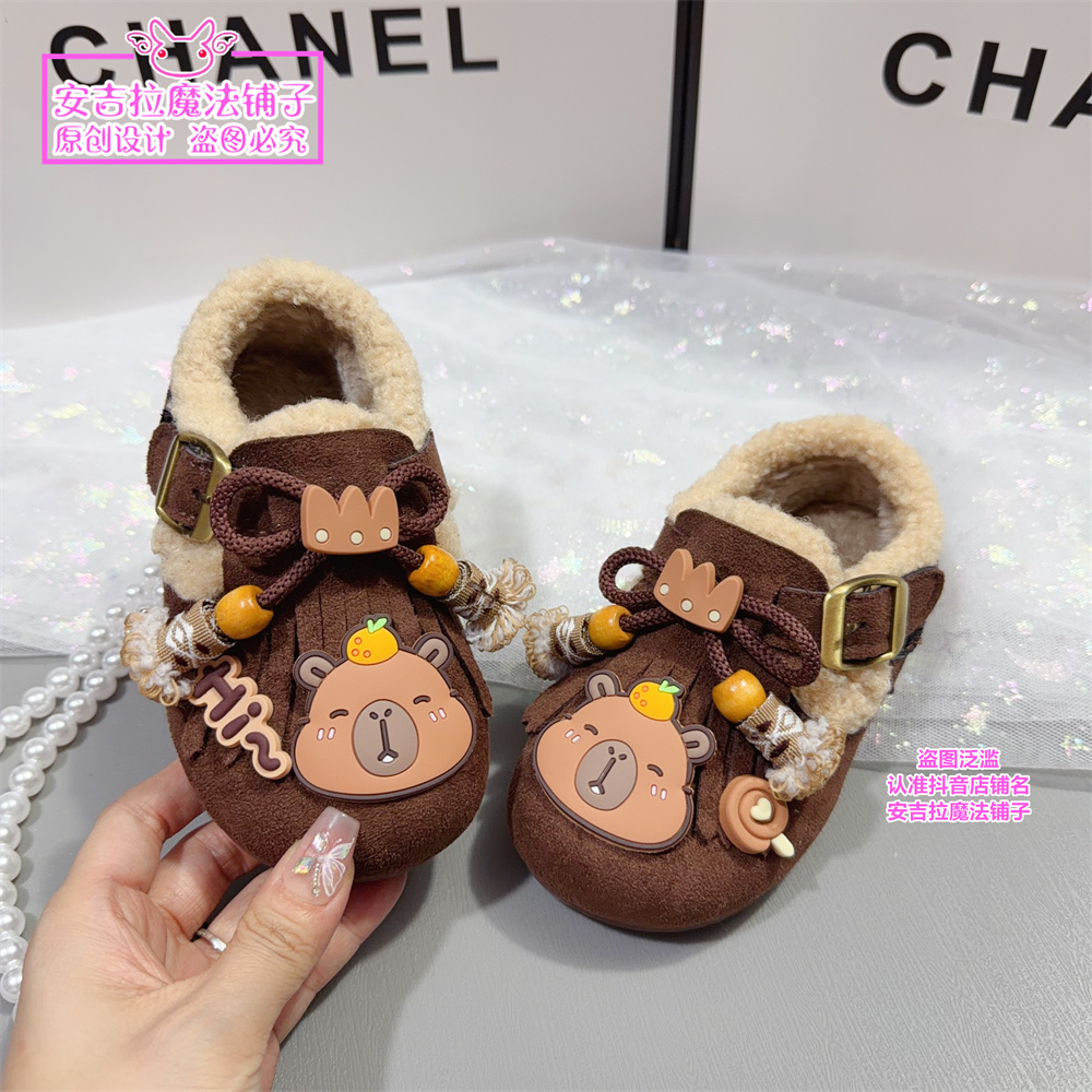 儿童加绒勃肯鞋儿童棉鞋女童2025新款毛毛鞋韩版卡通卡皮巴拉鞋子