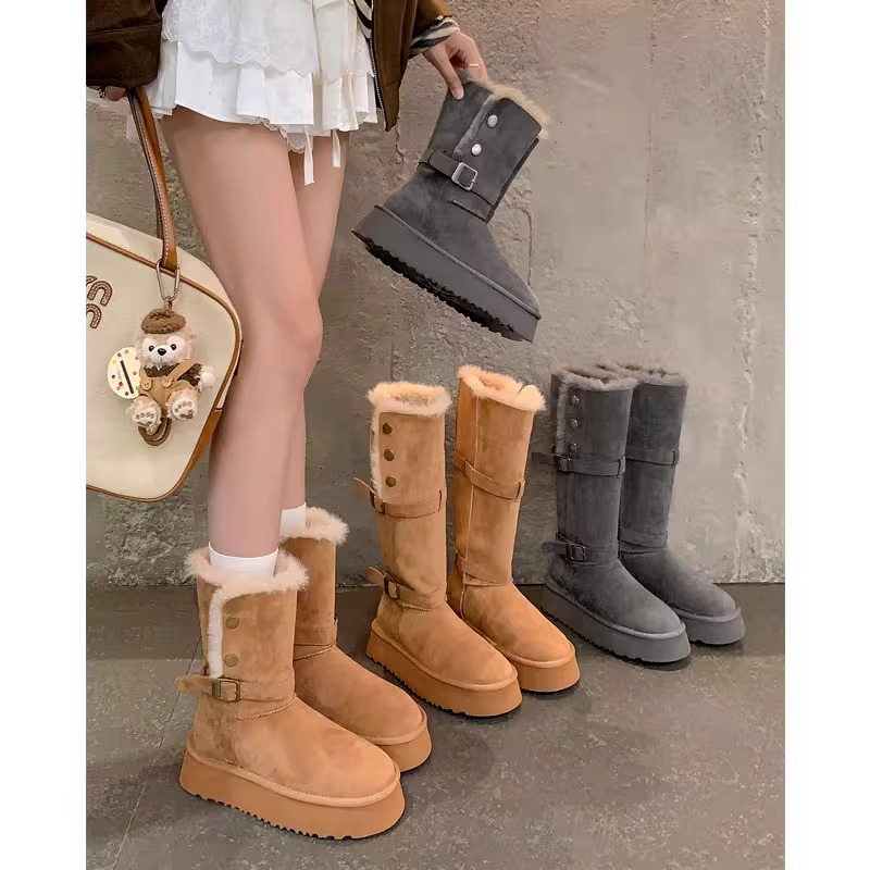 高筒灰色雪地靴女厚底长筒2025冬季新款中筒毛毛加绒加厚东北棉鞋