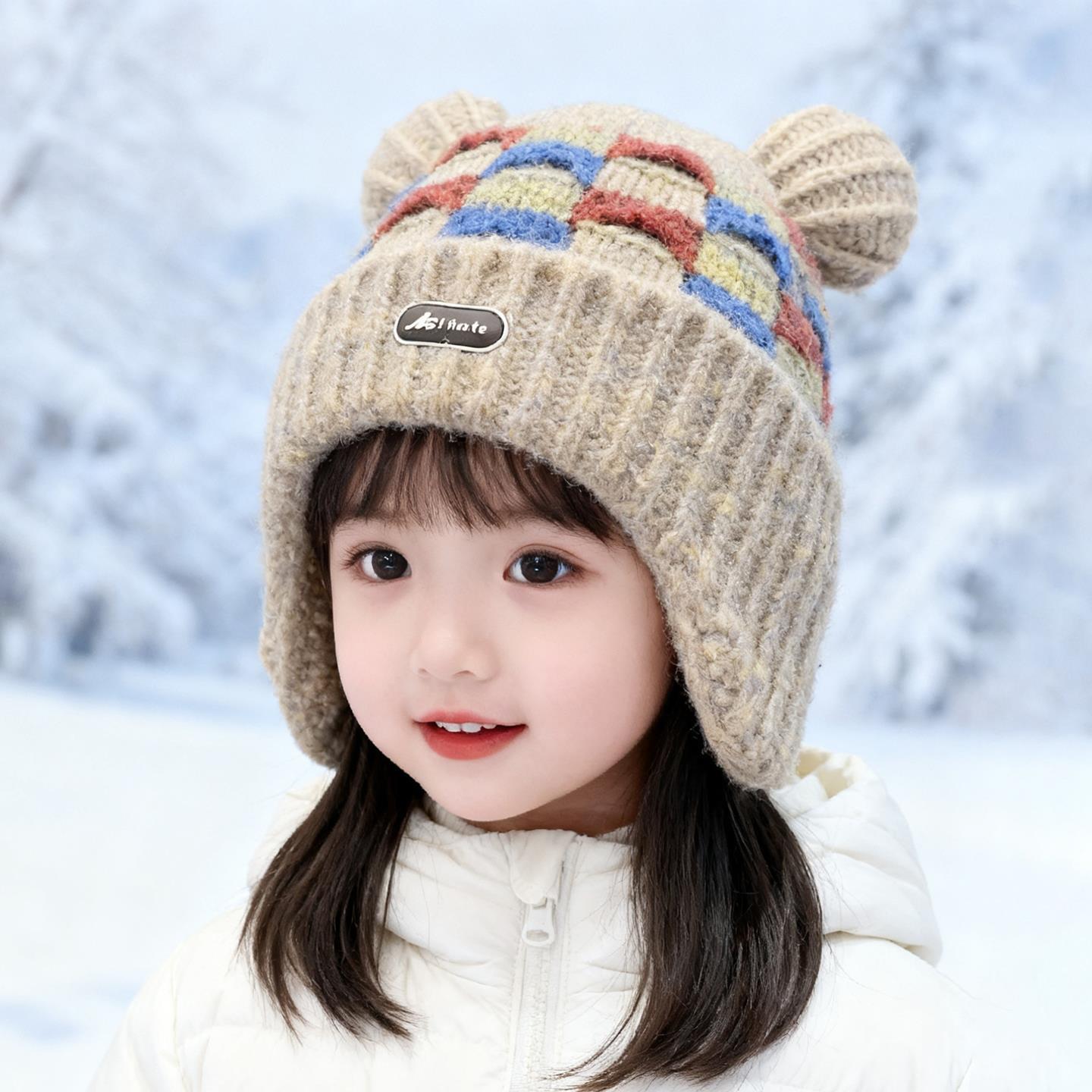 小熊儿童帽子秋冬季男女童户外卡通毛线针织帽女孩宝宝格子护耳帽