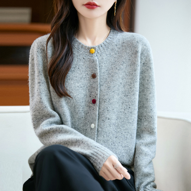 100%羊毛秋冬圆领洋气彩点针织开衫女韩系慵懒风毛衣外套百搭显瘦