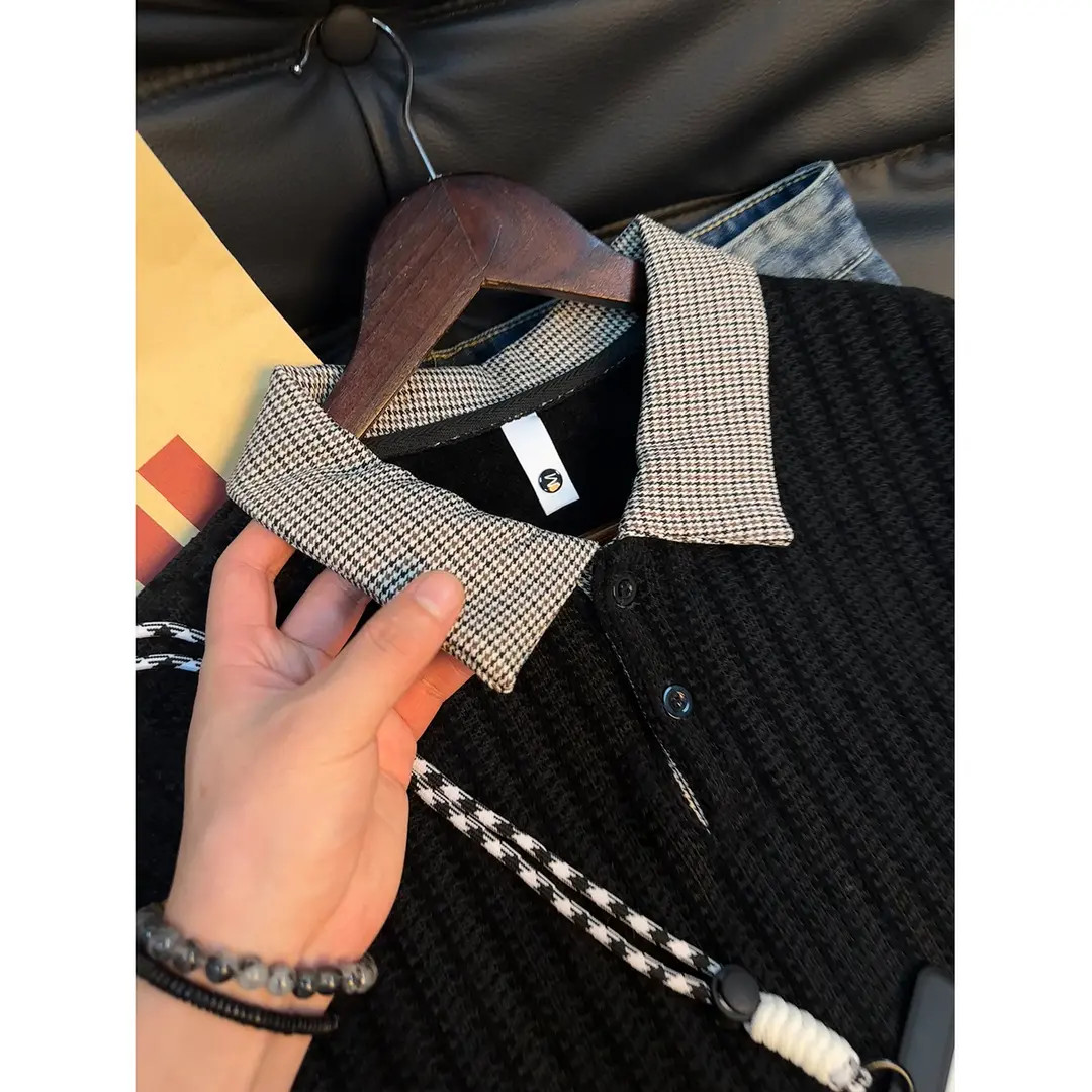 千鸟格鱼骨纹polo领卫衣男冬季加绒打底衫高级感潮牌翻领长袖上衣