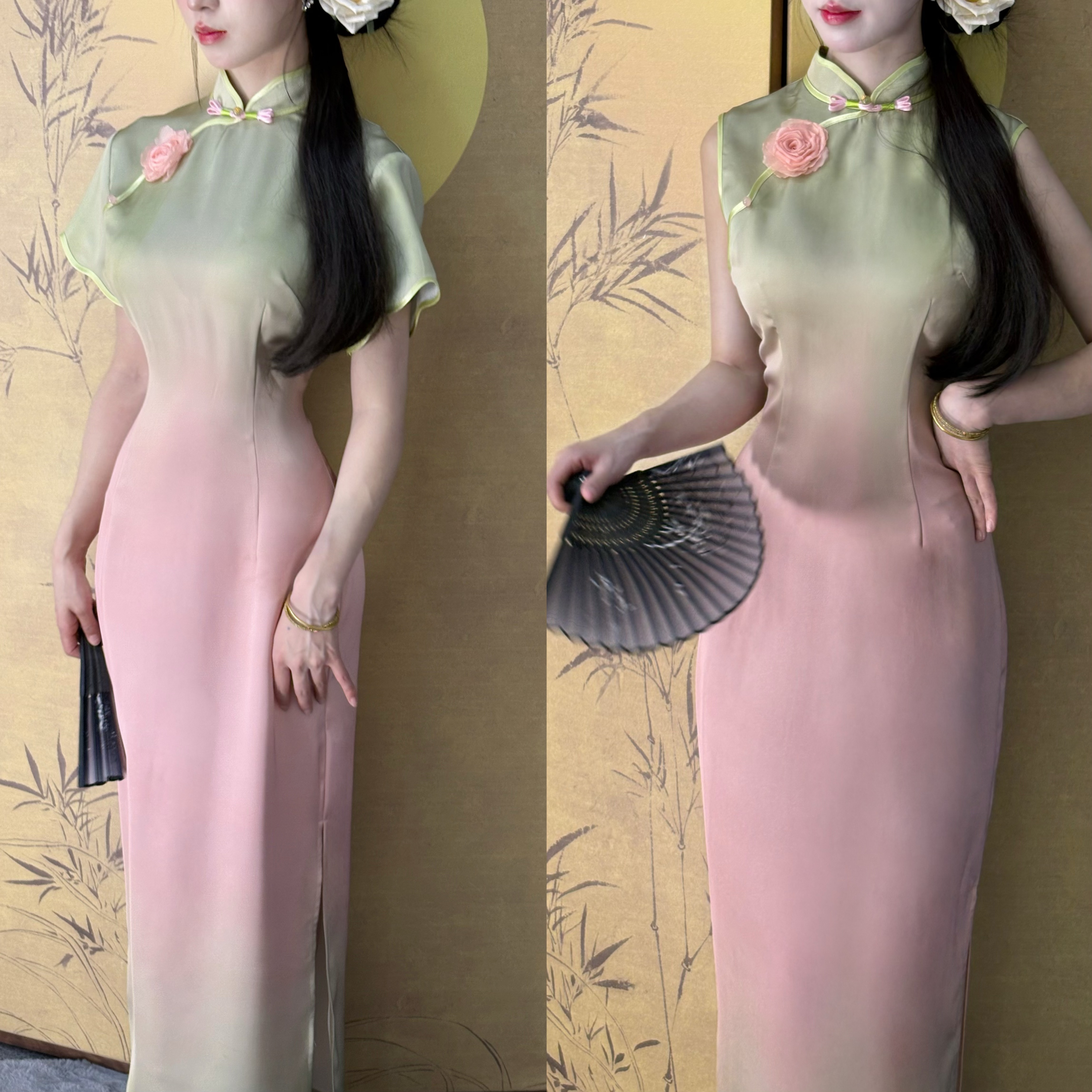 LHMknk1画报夫人原创自制高级渐变定位新中式女款旗袍裙 粉莲花