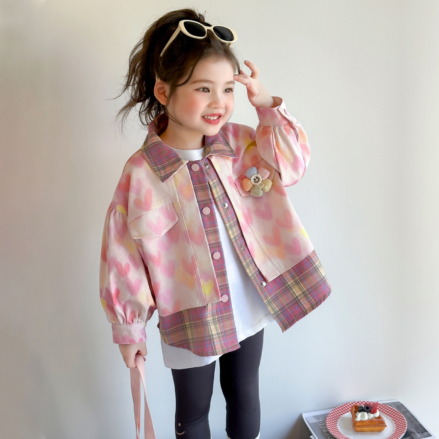 女童格子假两件外套春秋装新款儿童洋气女宝宝翻领上衣韩版小女孩