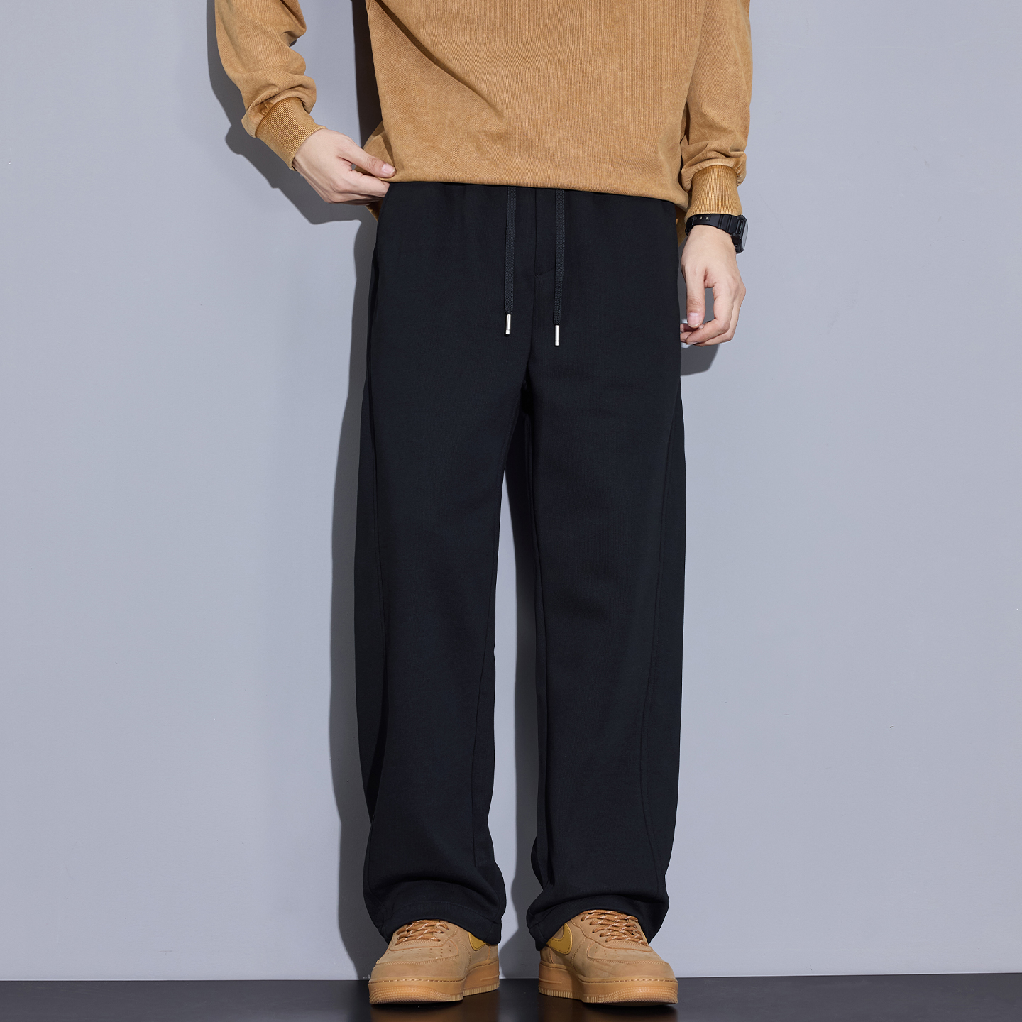 Kuvine美式简约纯色休闲裤男士2025冬季加绒百搭宽松直筒运动卫裤