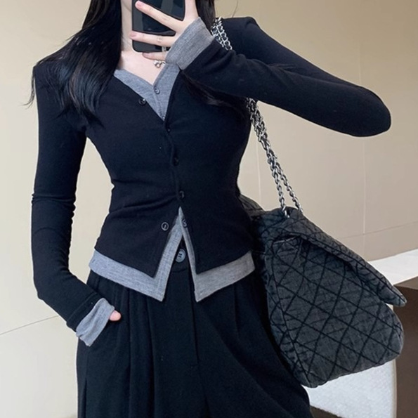 秋冬韩系莫代尔260克拼接开衫假两件气质长袖t恤女式上衣