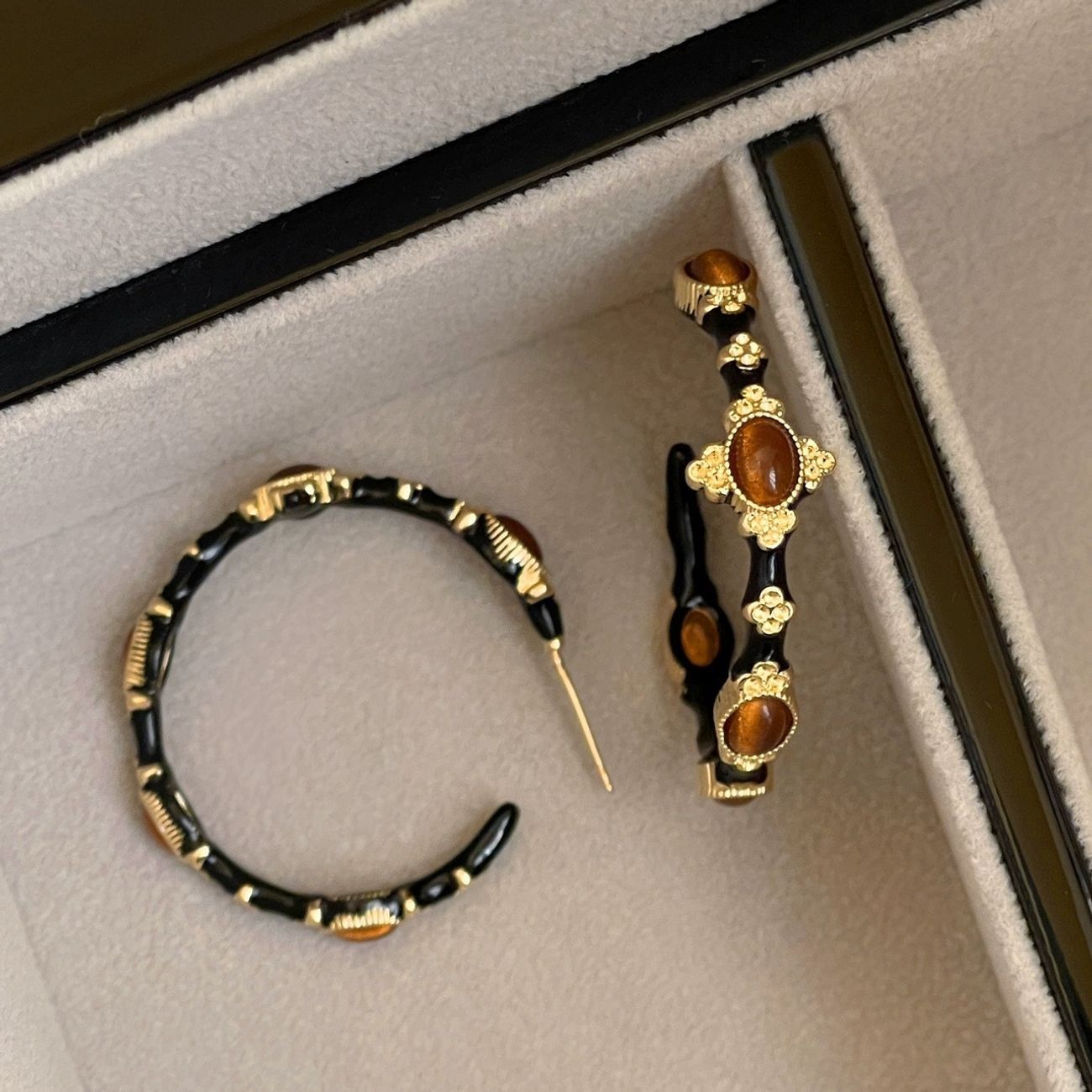 纯铜耳饰 复古气质美拉德镶钻C圈耳环女独特小众个性耳钉轻奢时尚