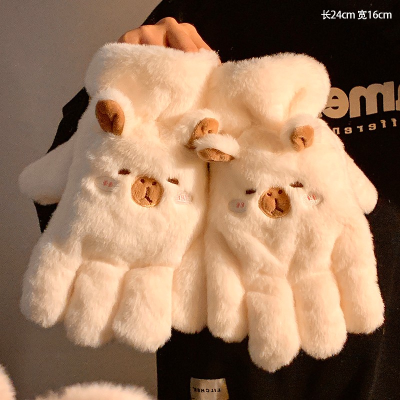 可爱卡皮巴拉毛绒五指手套女冬季保暖加绒加厚骑车骑行防寒冻防风