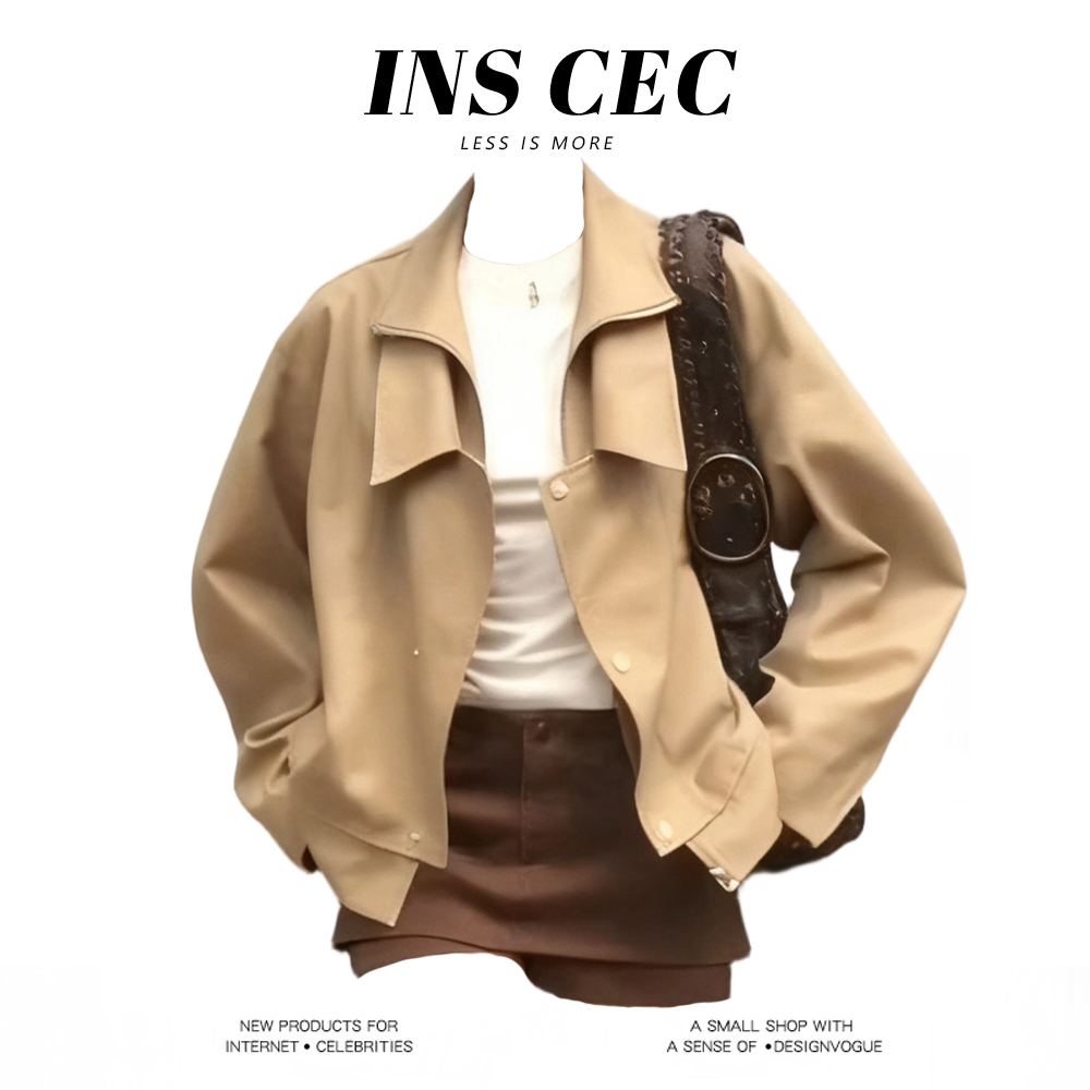 INSCEC韩剧女主穿搭英伦风短款风衣外套气质咖色裙裤子秋冬套装