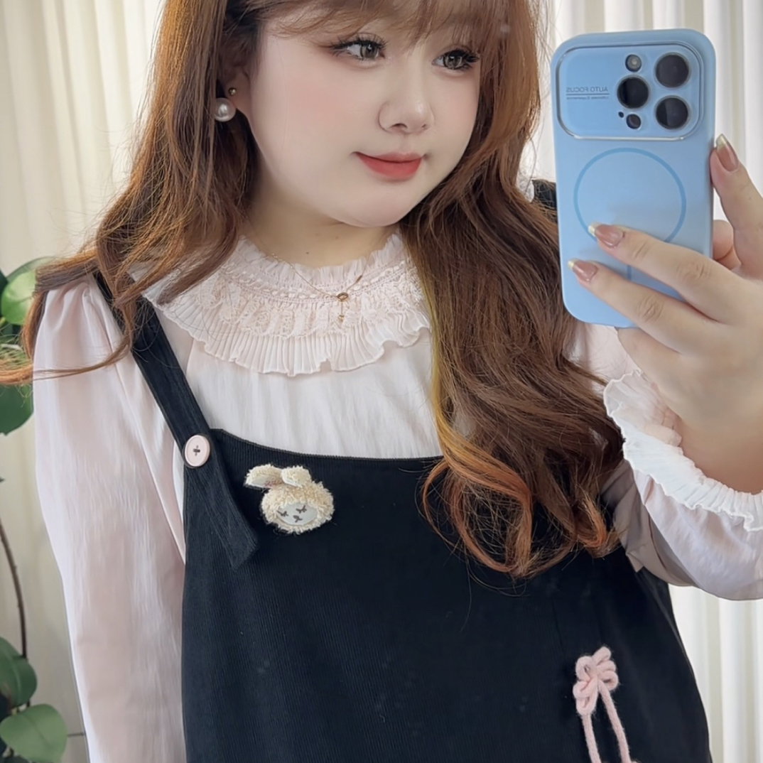 韩系黑色两件套连衣裙长袖粉色蕾丝背心裙新款早秋微胖高级感长裙