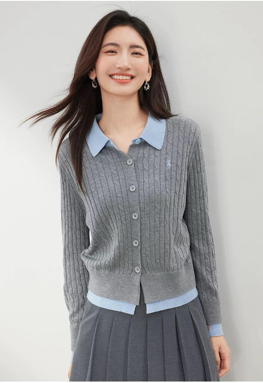正肩polo领假两件简约衬衫拼接开衫假两件英伦风针织外套K1-58