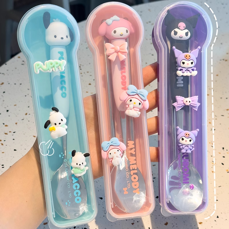 正品库洛米304不锈钢便携餐具单人儿童卡通筷子勺子上班族三件套