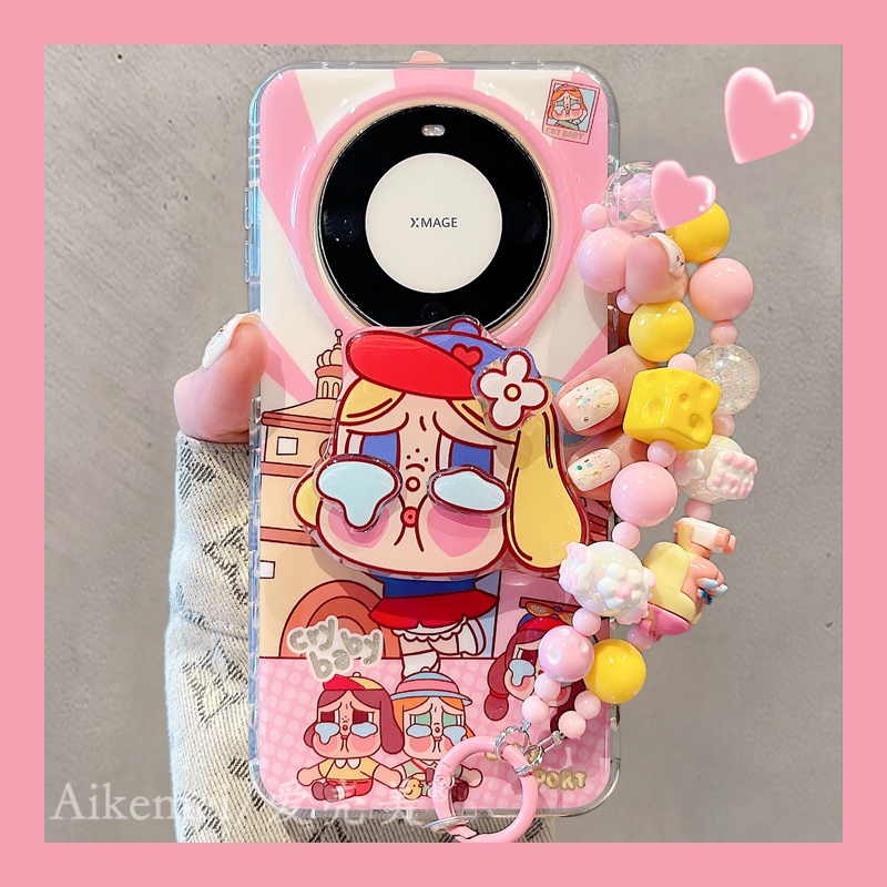 适用华为mate70pro+手机壳粉运动哭娃mate60pro+旋转花朵哭娃支架