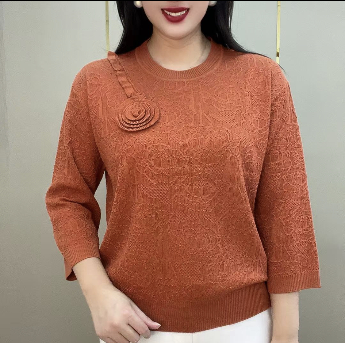 早秋气质减龄时尚百搭圆领针织衫宽松高端妈妈显瘦七分袖上衣打底