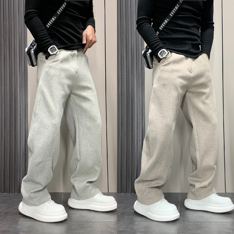 秋冬加绒男士纯色保暖休闲裤潮流运动阔腿裤韩版修身百搭重磅卫裤