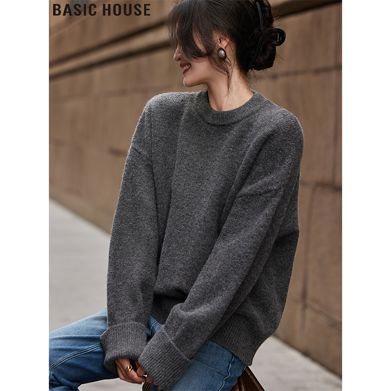 Basic House/百家好灰色圆领长袖针织衫慵懒风宽松软糯毛衣女秋冬