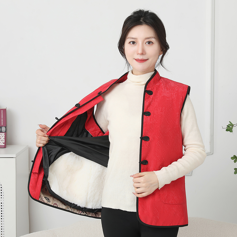羊毛马甲女中老年皮毛一体背心加厚棉坎肩妈妈装国风保暖马夹冬季