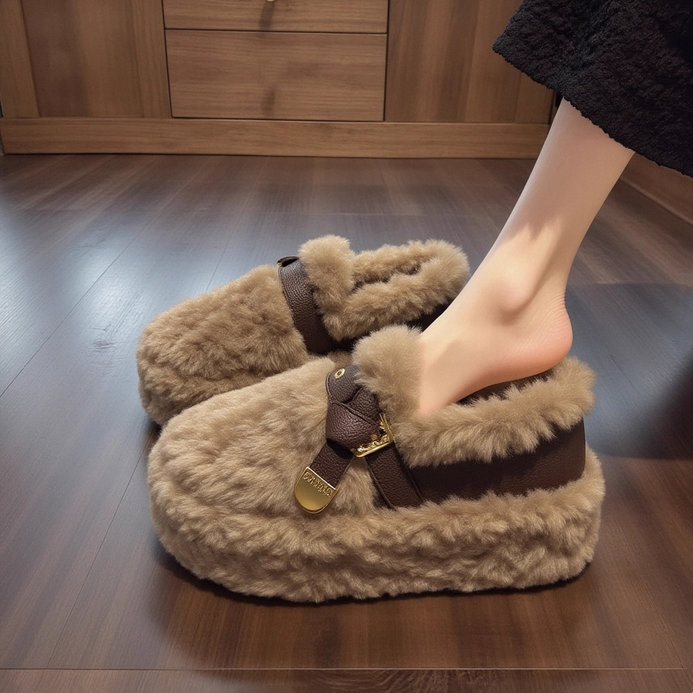 羊羔绒毛毛鞋女2025冬新款高级感爆款雪地靴加绒5cm厚底豆豆棉鞋