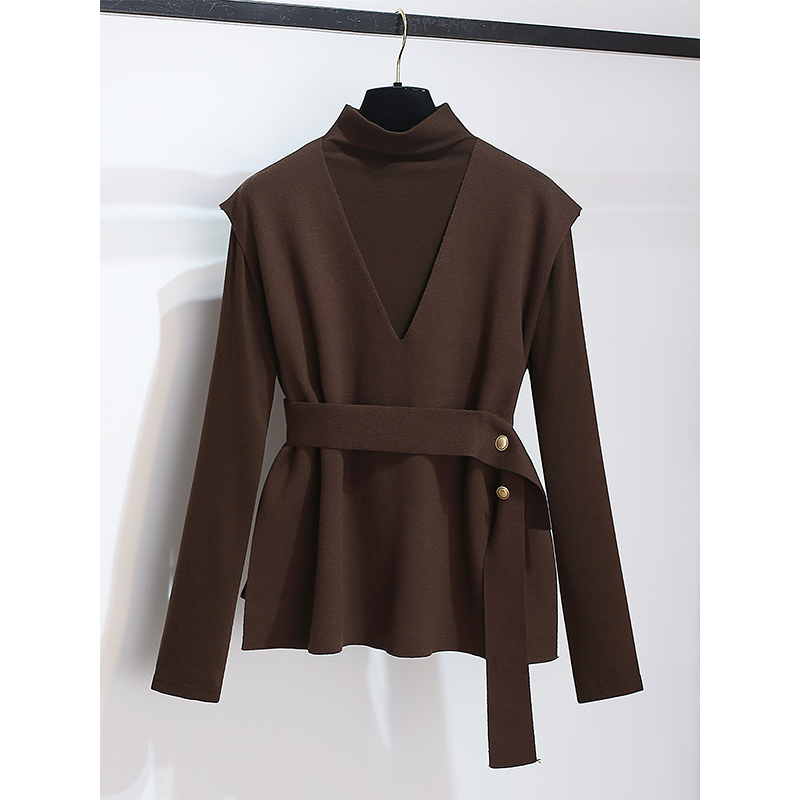 咖色中领打底衫配针织马甲女2025秋装新款气质一整ootd穿搭两件套