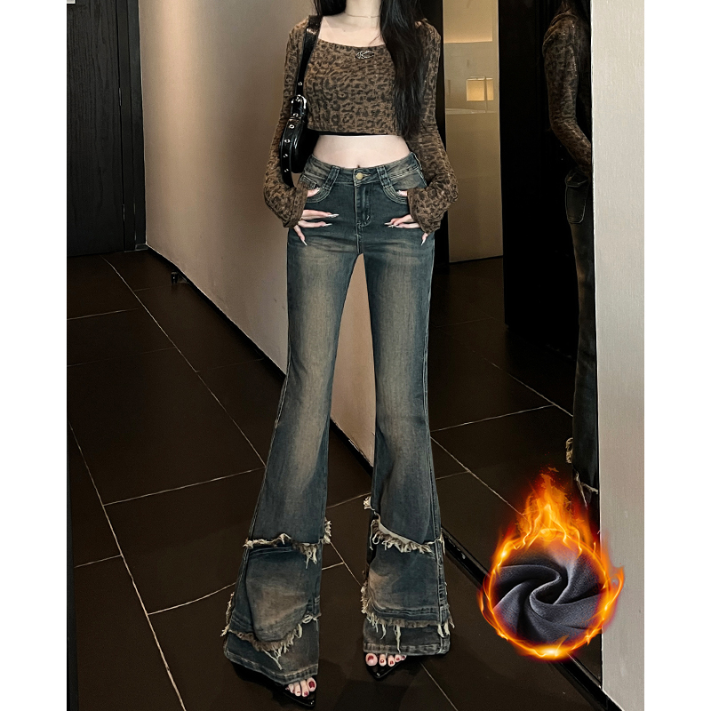 2025秋季新款拼接修身显瘦马蹄裤美式复古毛须边辣妹微喇牛仔裤女