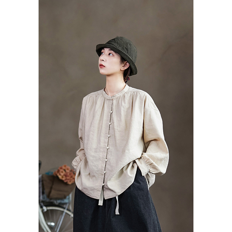 秋季新品文艺复古原创女装香米色亚麻宽松质感女款休闲中式衬衫