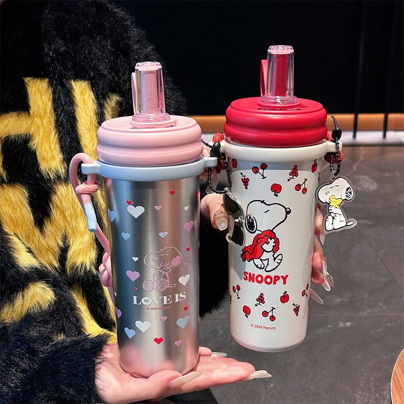 爆款史努比提手杯女高颜值316不锈钢陶瓷吸管杯办公室简约咖啡杯