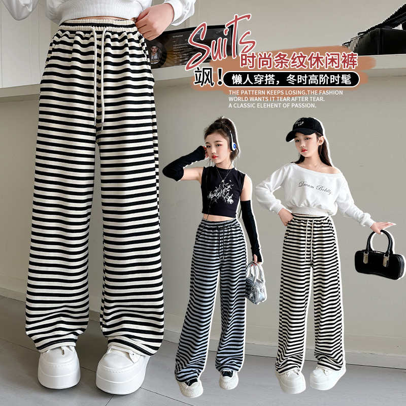 女童裤子休闲裤夏装2025新款中大童洋气韩版条纹阔腿裤夏季长裤薄