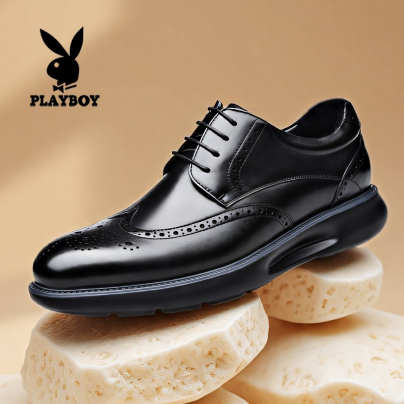 花花公子男士皮鞋真皮商务正装英伦布洛克雕花结婚新郎鞋2025新款