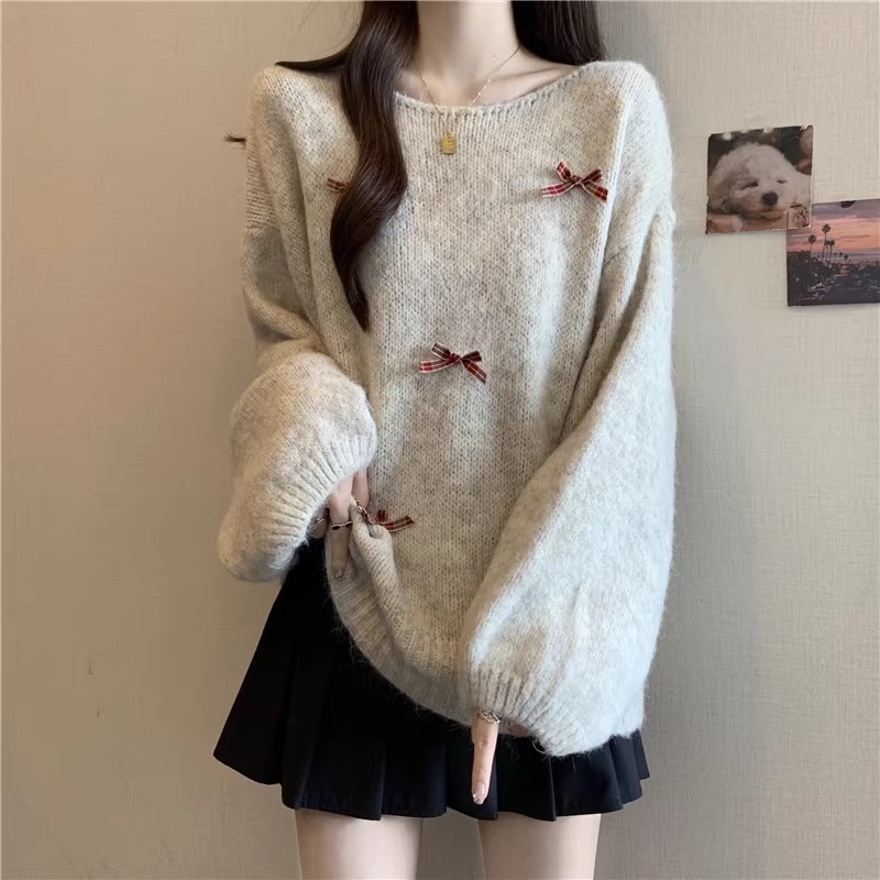 微胖妹妹大码简约休闲灯笼袖针织衫毛衣女秋冬慵懒风蝴蝶结上衣潮