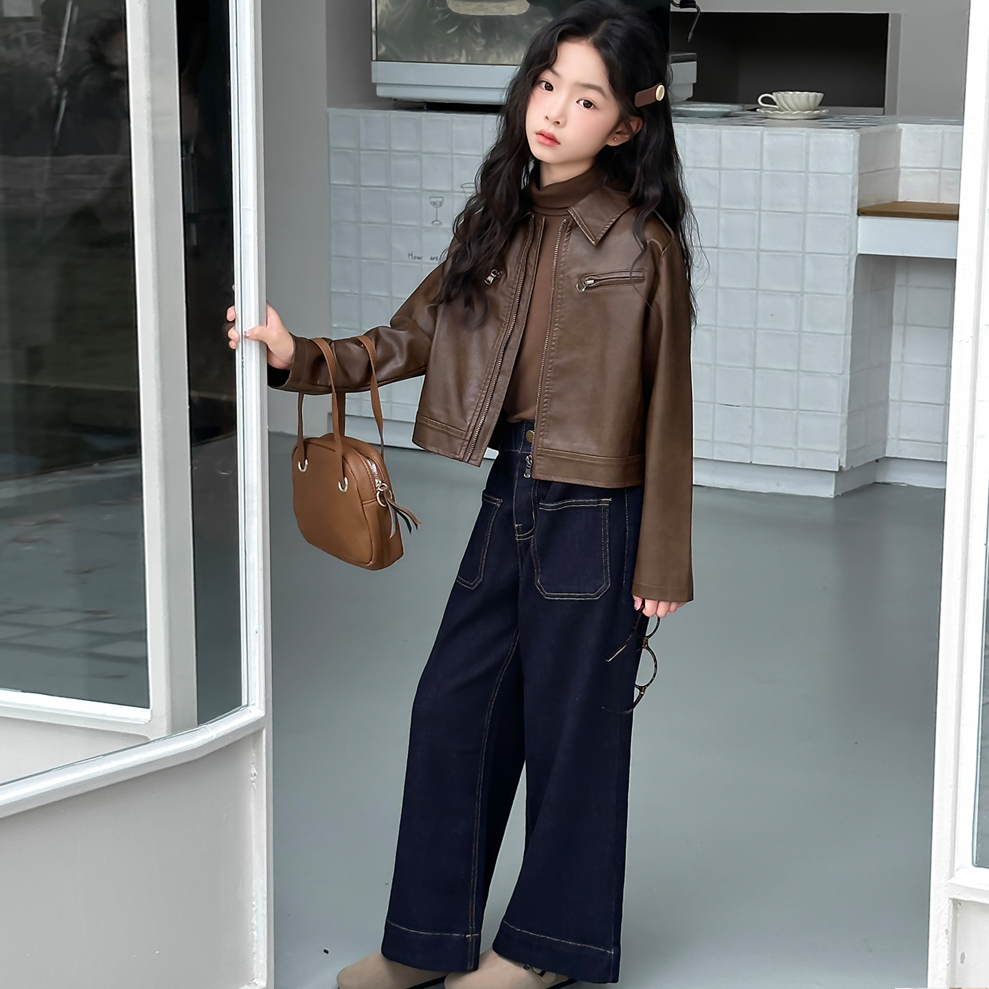 翻领拉链韩版春秋极简风夹克宽松短百搭休闲女童女童皮衣女童秋装