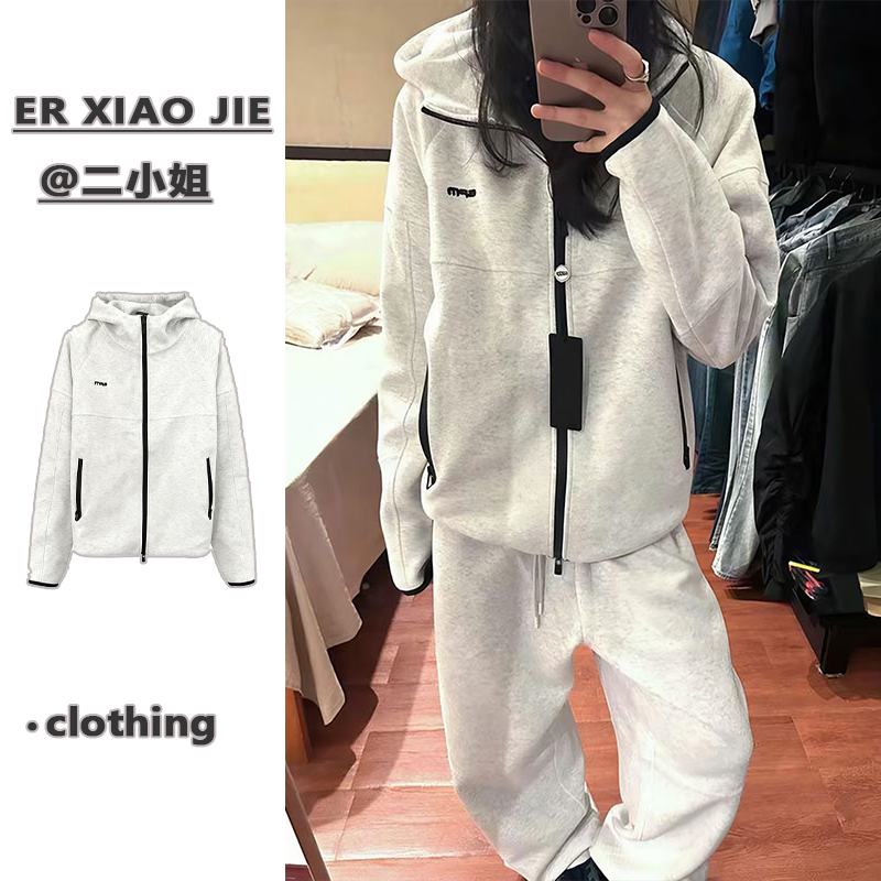 韩系学院风运动外套女加绒加厚设计感宽松秋冬连帽灰色棒球服卫衣