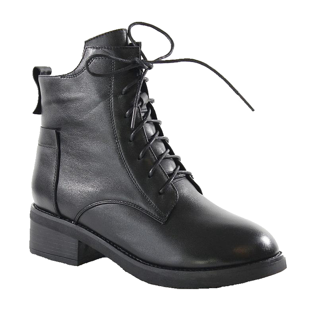 冬季女款中跟粗跟真皮系带款马丁靴女高腰牛皮英伦加绒毛保暖短靴