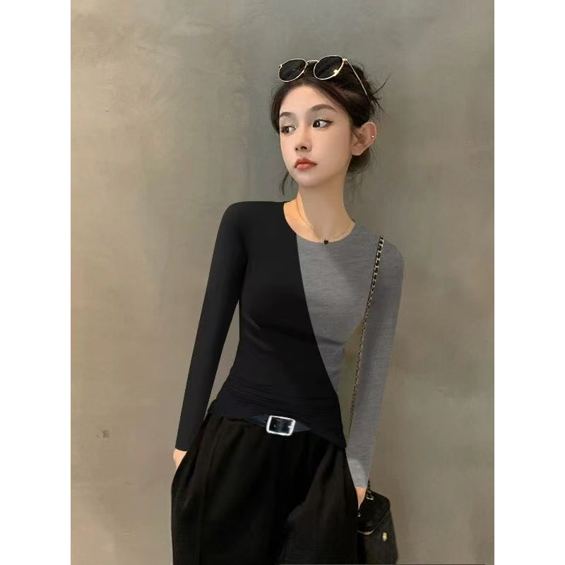 简直好看到炸！自留，！秋季黑色拼接长袖打底衫女内搭针织修身上衣