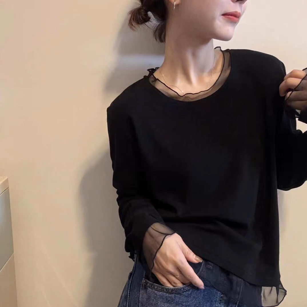 31015韩版圆领拼纱长袖T恤打底衫女秋季时尚百搭弹力时尚休闲上衣