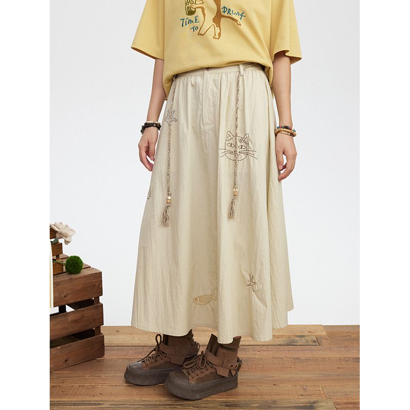 hothorse/火山马QZ12012猫咪与海刺绣彩色编织腰绳半身裙DB