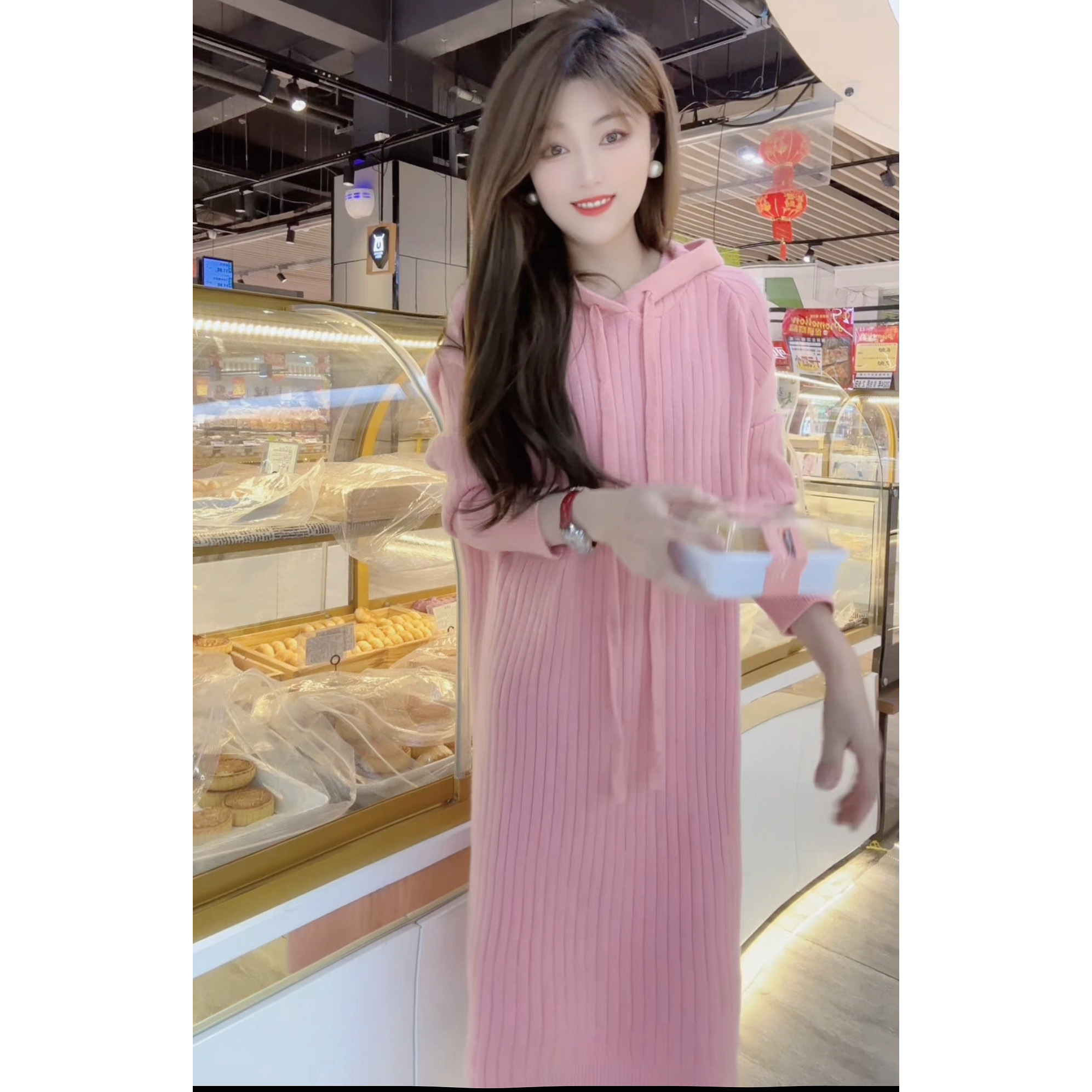 【有运补】086秋冬2025新款韩版针织保暖中长款打底裙连帽毛衣裙