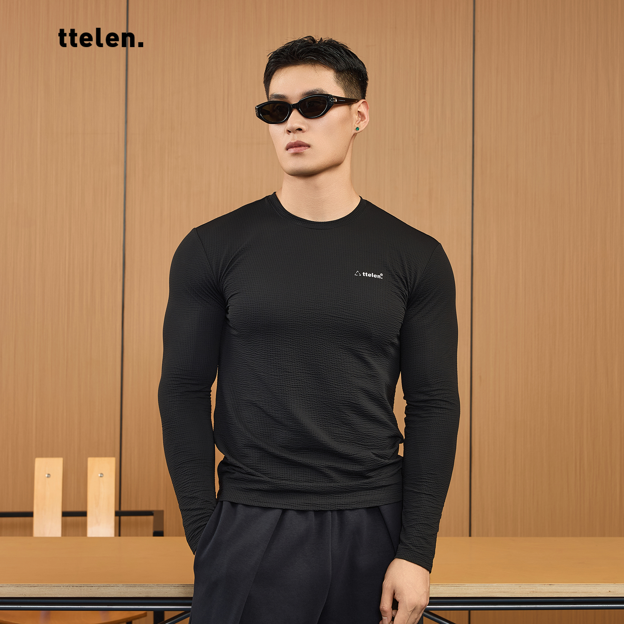 ttelen.高弹透气蜂窝皱纹紧身运动训练健身衣服显大打底长袖T恤秋