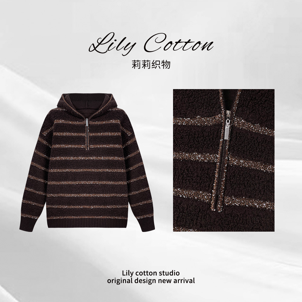 心动流光 慵懒半拉链连帽套头亮片高级感绵羊毛针织衫LL-6201332