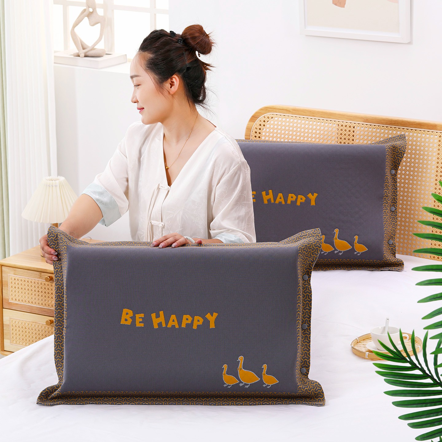 纱布纯棉枕套一对装加厚乳胶枕头套透气吸汗枕芯套内胆套45x65cm