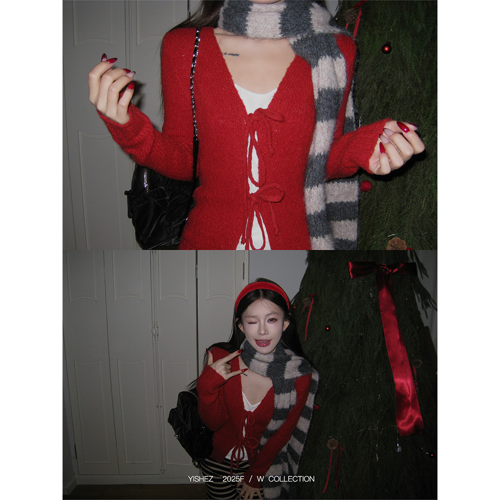YISHEZ“松针莓果”圣诞新年红色V领蝴蝶结系带针织衫内搭吊带上衣