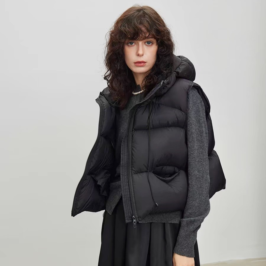 高品质韩版宽松连帽鹅绒马甲休闲时尚保暖羽绒服黑色冬季女款短款