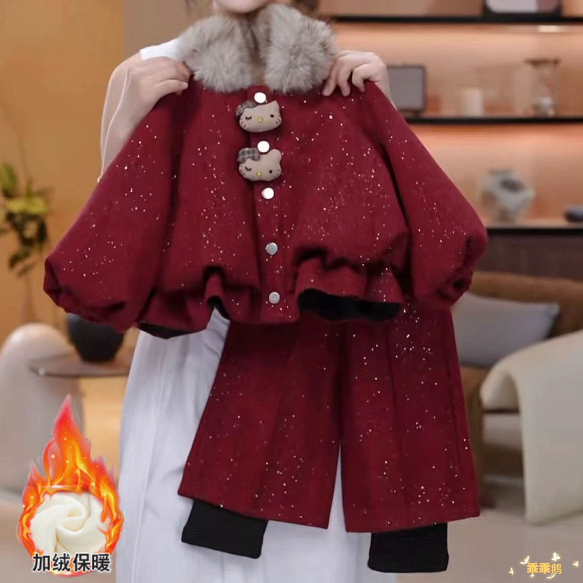 女童冬季加绒年服套装2025新款女宝毛领玩偶呢子外套长裤两件套潮