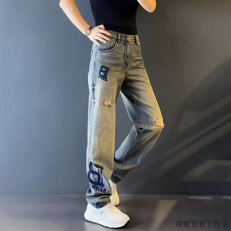 （现货秒发）大码男士时尚新款牛仔裤直筒休闲长裤设计感字母宽松