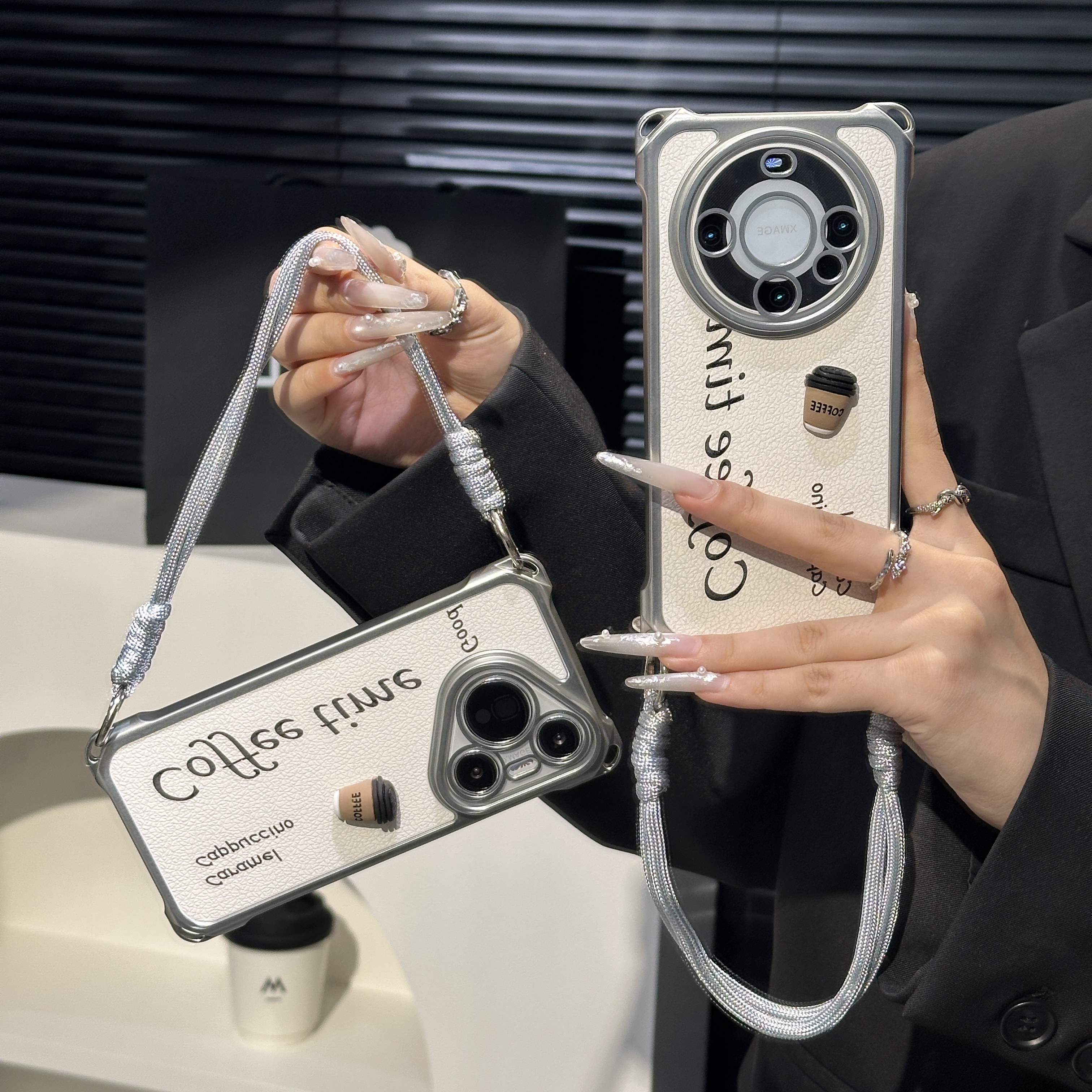 雅天立简约英文咖啡适用苹果16四角挂绳手机壳华为vivo小米15oppo