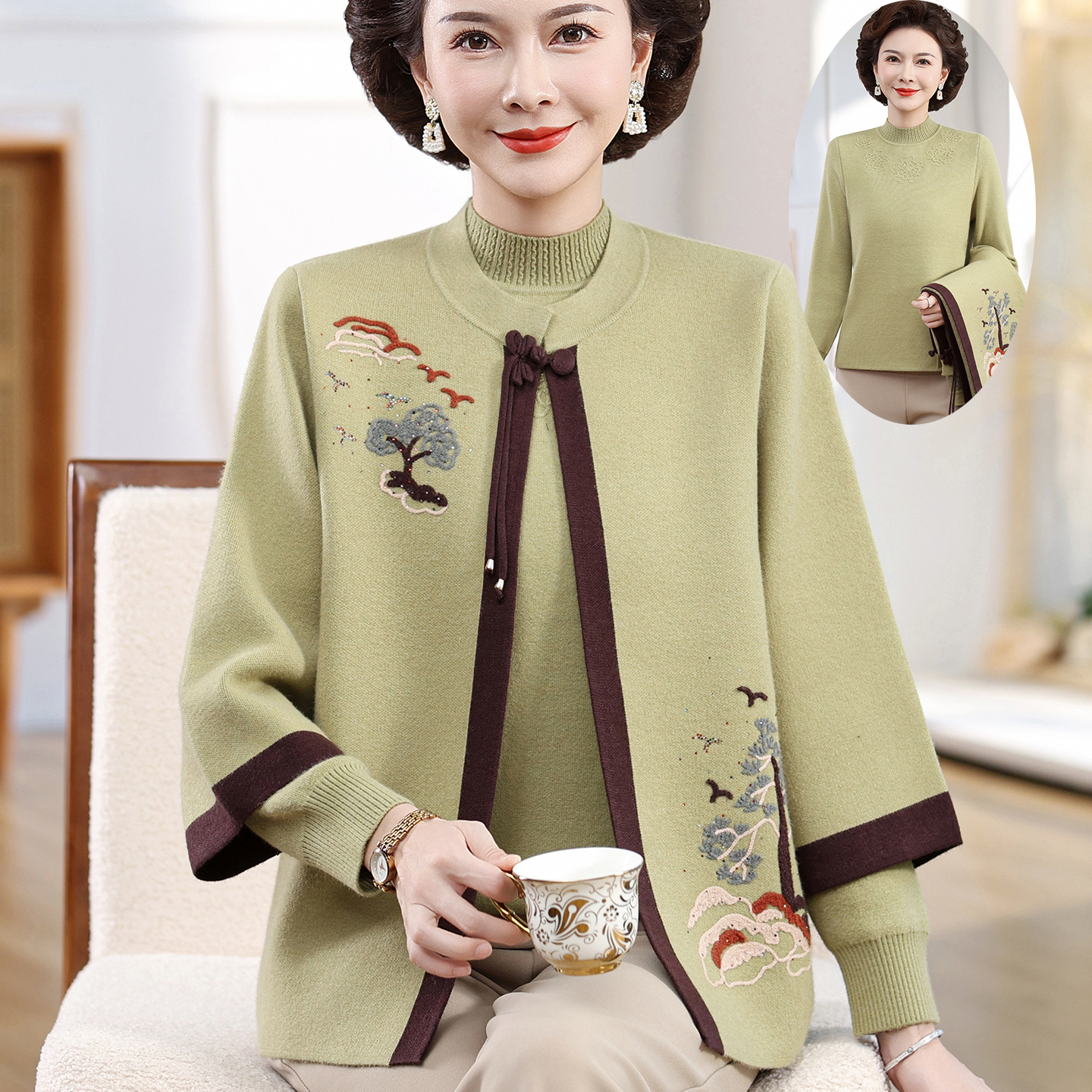 妈妈装秋装外套2025新款洋气50岁中老年女秋冬针织开衫两件套上衣